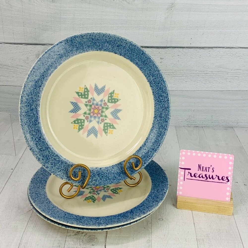 International Tableworks COTTONWOOD Patchwork Center Blue Dinner Plate Set 3